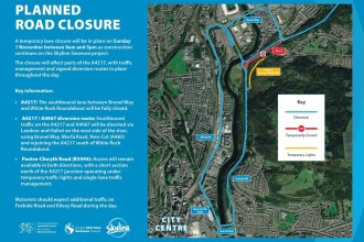Skyline Swansea road closure map on a blue background: an aerial view with the closed southbound A4217 between Brunel Way and White Rock Roundabout in red, temporary lights on Pentre-Chwyth Road in yellow, and the diversion via Brunel Way, Morfa Road, New Cut Road and Tawe Bridge in blue
