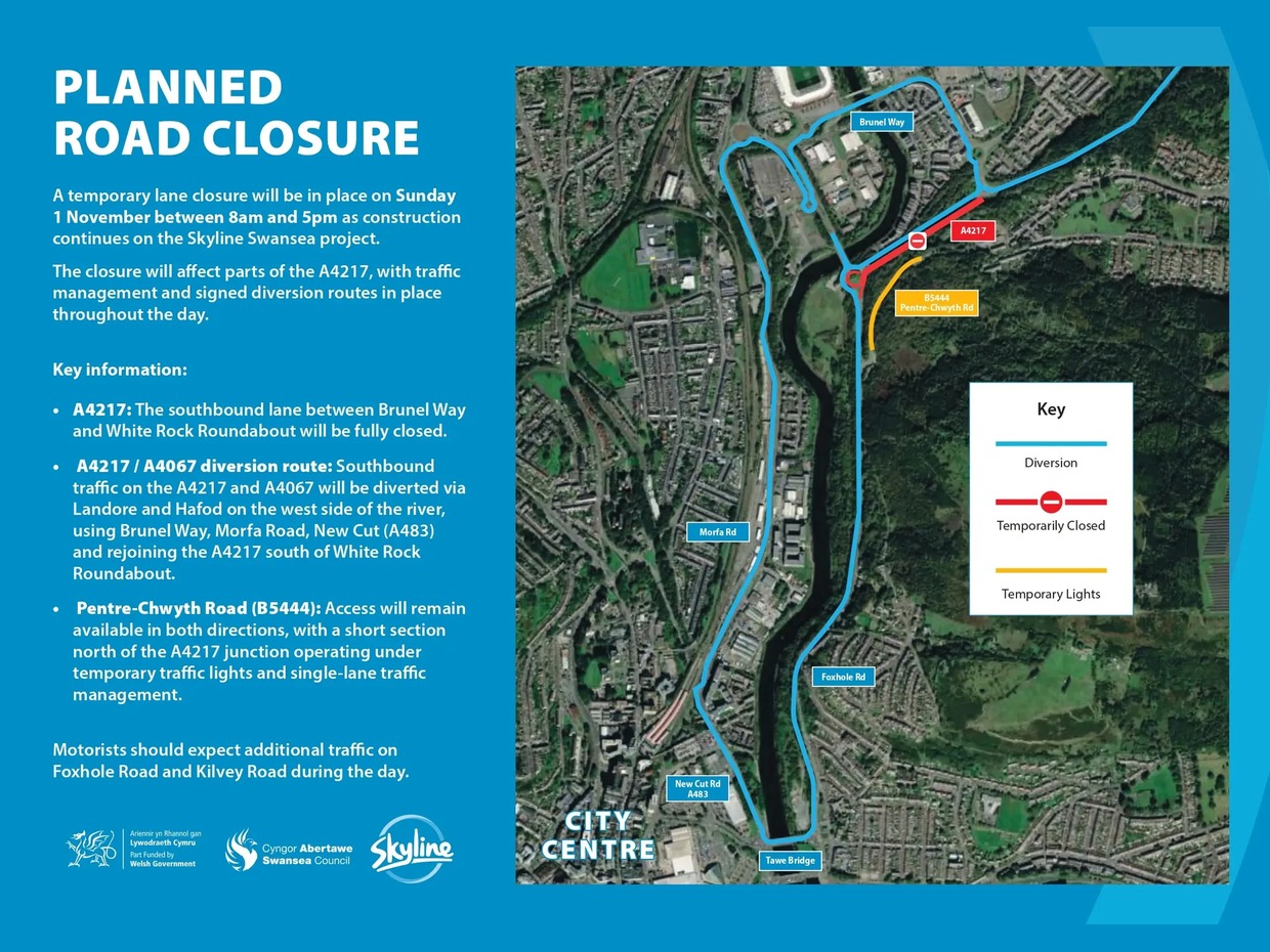 Skyline Swansea road closure map on a blue background: an aerial view with the closed southbound A4217 between Brunel Way and White Rock Roundabout in red, temporary lights on Pentre-Chwyth Road in yellow, and the diversion via Brunel Way, Morfa Road, New Cut Road and Tawe Bridge in blue