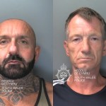South Wales Police custody photos of Andrew Flipping, left, with a shaved head, beard and neck tattoos, and Paul Martin, right, with short greying hair