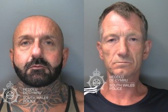 South Wales Police custody photos of Andrew Flipping, left, with a shaved head, beard and neck tattoos, and Paul Martin, right, with short greying hair