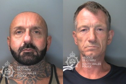 South Wales Police custody photos of Andrew Flipping, left, with a shaved head, beard and neck tattoos, and Paul Martin, right, with short greying hair