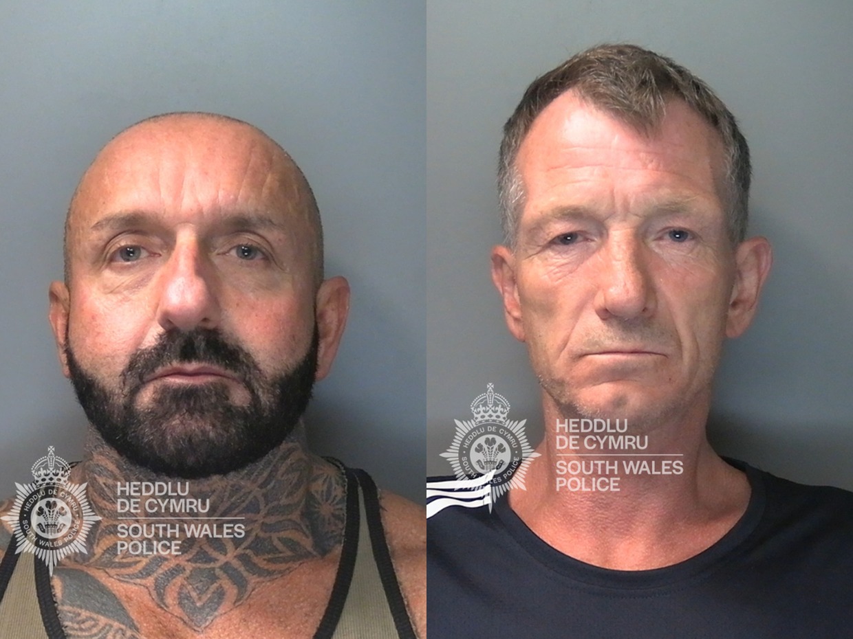 South Wales Police custody photos of Andrew Flipping, left, with a shaved head, beard and neck tattoos, and Paul Martin, right, with short greying hair
