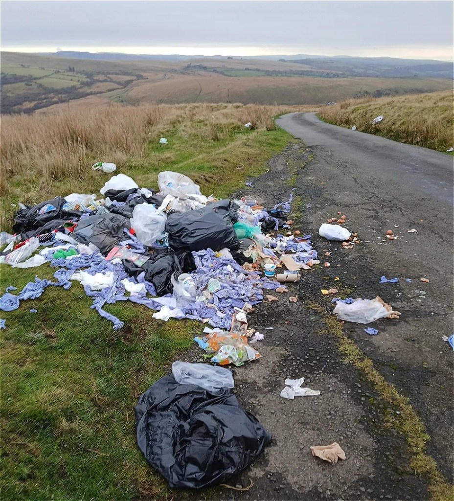Fly-tipped black and clear bags, blue paper towels and food packaging spread across a grass verge and onto a narrow road crossing open moorland