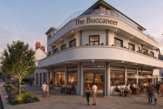 Artist's impression of The Buccaneer as a curved white three-storey building with gold lettering, a glass rooftop terrace and people at café tables outside