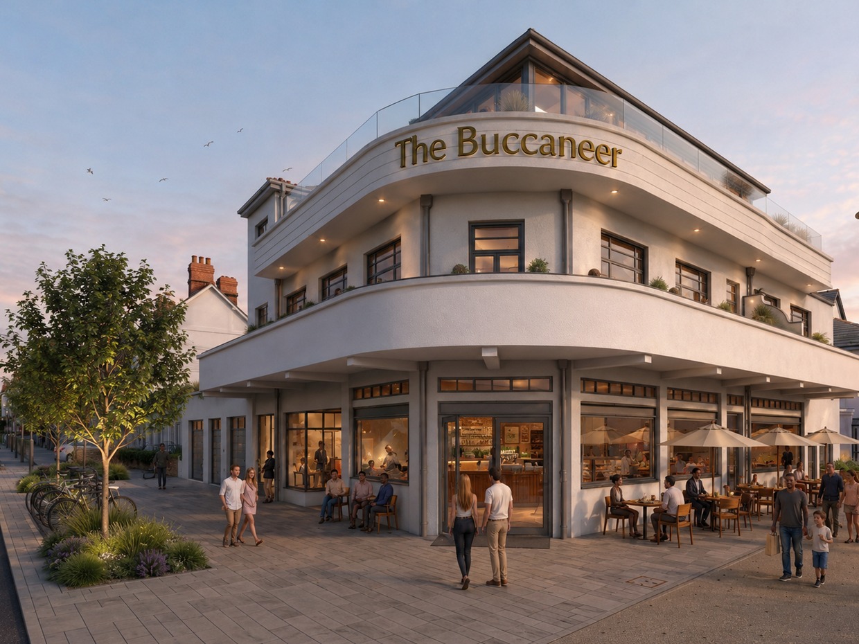 Artist's impression of The Buccaneer as a curved white three-storey building with gold lettering, a glass rooftop terrace and people at café tables outside