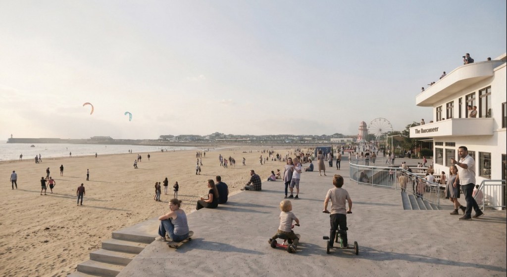 Artist's impression of the promenade at Sandy Bay with families on the steps, kites over the beach and The Buccaneer on the right