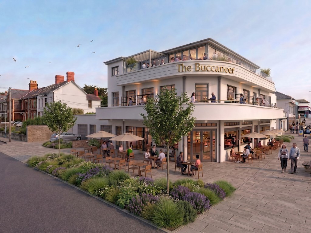 Artist's impression of a restored Buccaneer with diners on its first-floor balcony and rooftop terrace, and café tables beside a planted seafront walkway