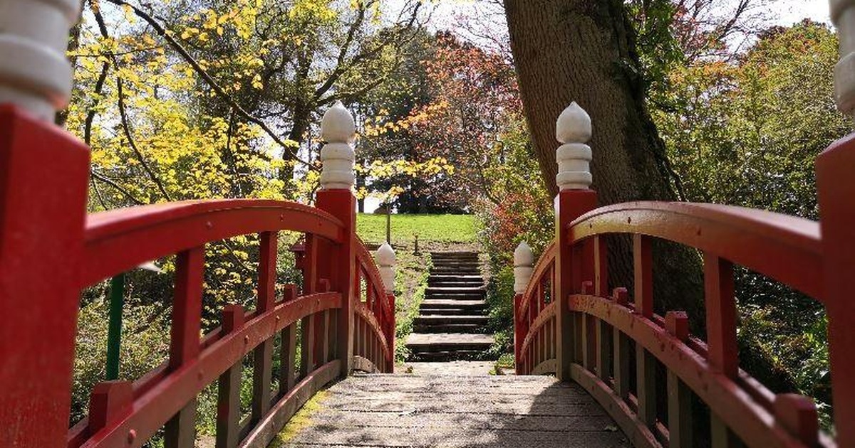 The red-painted wooden Japanese Bridge at Clyne Gardens with white finials on its posts, looking across the deck to stone steps and autumn trees