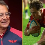 Split image: Scarlets director of rugby Nigel Davies smiling in a Scarlets jacket, and wing Macs Page diving to score a try