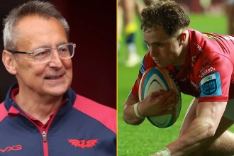 Split image: Scarlets director of rugby Nigel Davies smiling in a Scarlets jacket, and wing Macs Page diving to score a try