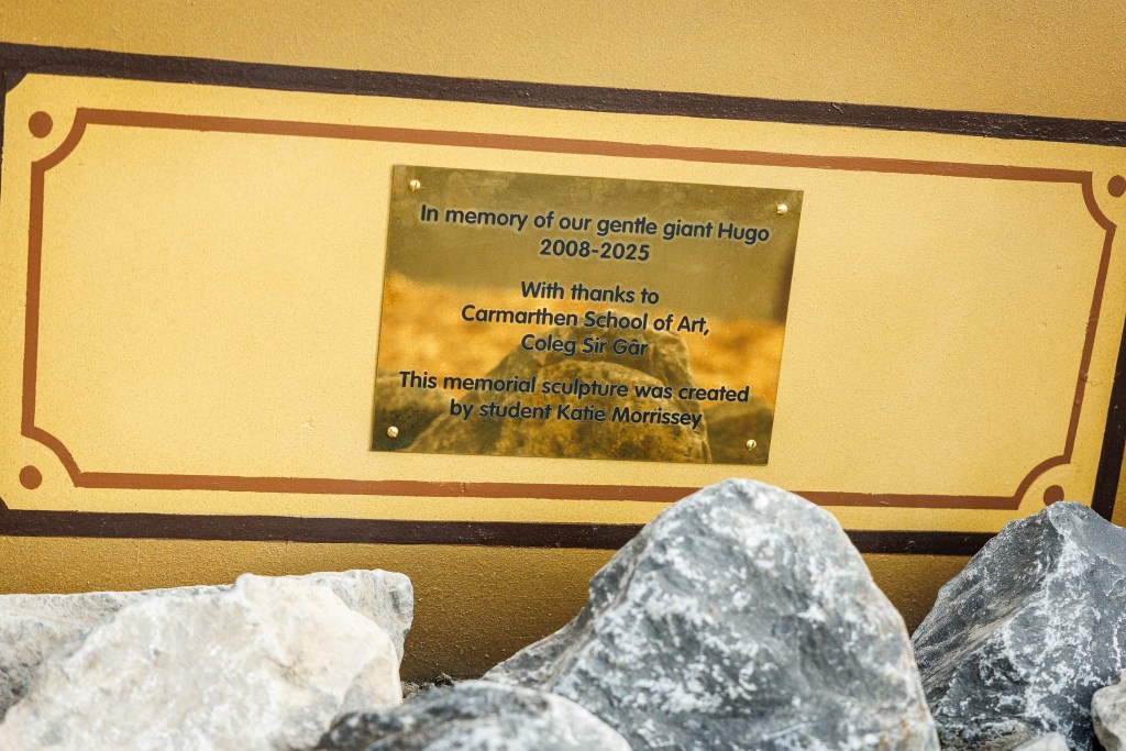 A brass plaque reading In memory of our gentle giant Hugo 2008-2025, with thanks to Carmarthen School of Art, Coleg Sir Gâr