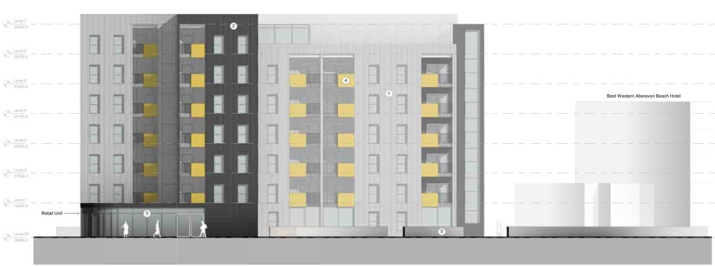 Architect’s elevation drawing of the rejected 2021 Four Winds scheme, a seven-storey block in grey cladding with yellow balconies towering over the outline of the neighbouring five-storey hotel