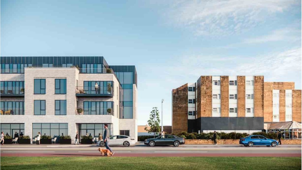 Computer-generated view from the promenade of the proposed Four Winds block’s cafe frontage with outdoor tables, beside the brick Aberavon Beach Hotel