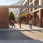 Artist's impression of a brick-framed courtyard entrance with Frog Yard lettering, leading to café tables under a yellow canopy beneath an apartment block