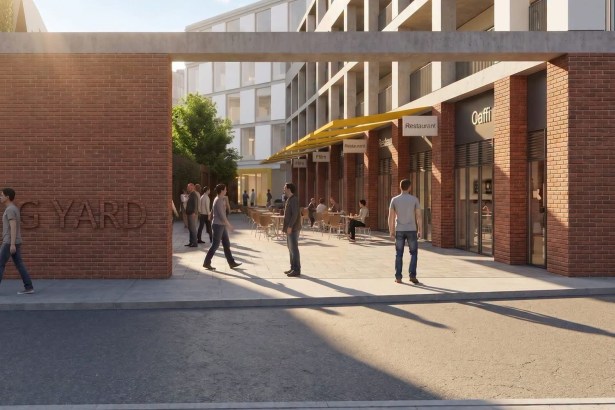 Artist's impression of a brick-framed courtyard entrance with Frog Yard lettering, leading to café tables under a yellow canopy beneath an apartment block