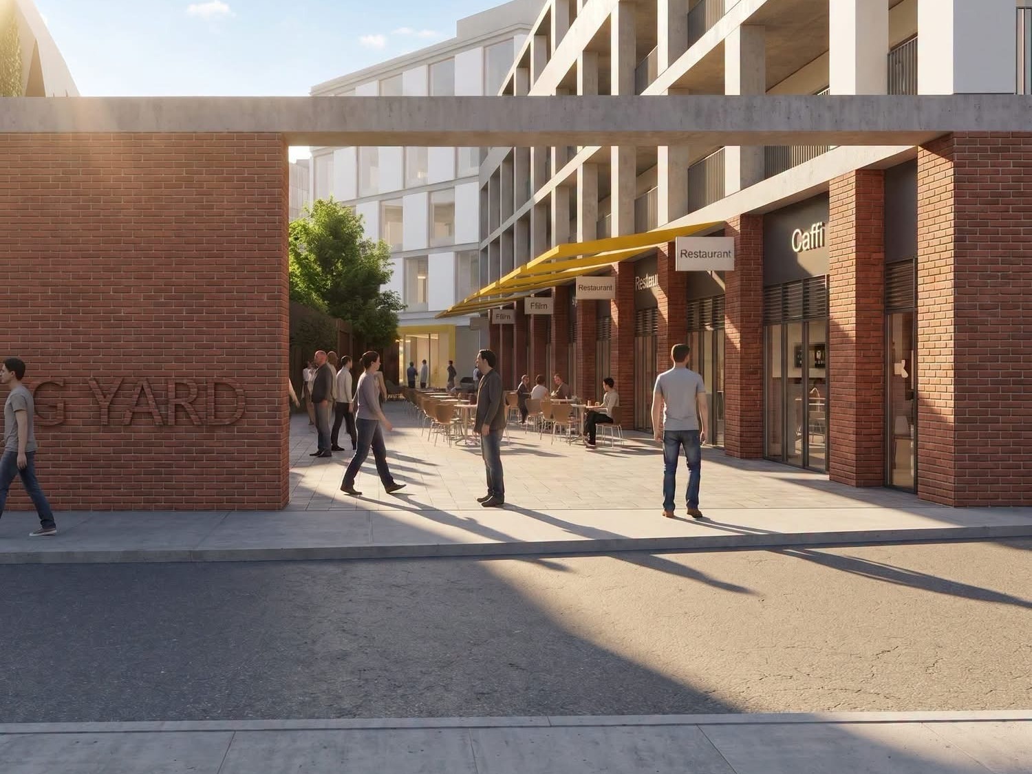 Artist's impression of a brick-framed courtyard entrance with Frog Yard lettering, leading to café tables under a yellow canopy beneath an apartment block