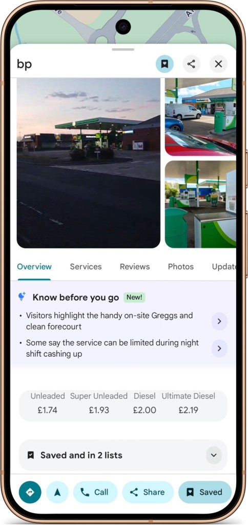 Google Maps page for a BP station listing unleaded, super unleaded, diesel and premium diesel prices