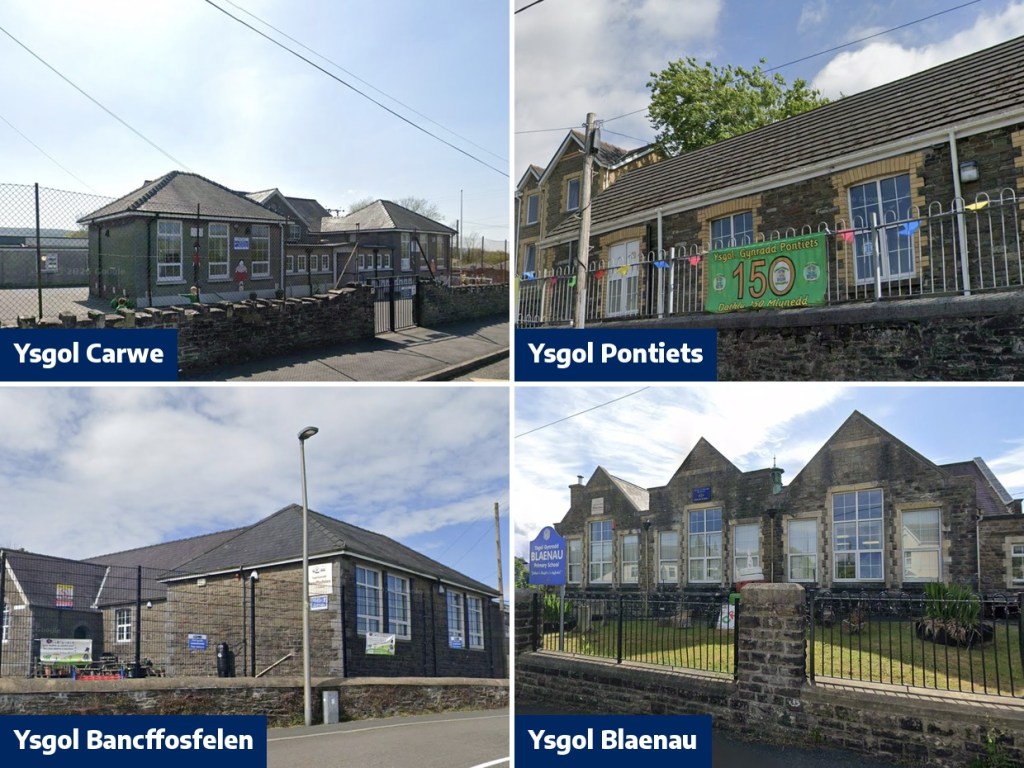 Four Carmarthenshire village primary schools in a two-by-two grid, each labelled: Ysgol Carwe, Ysgol Pontiets with its 150th anniversary banner, Ysgol Bancffosfelen and Ysgol Blaenau