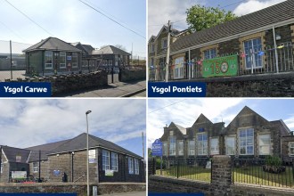 Four Carmarthenshire village primary schools in a two-by-two grid, each labelled: Ysgol Carwe, Ysgol Pontiets with its 150th anniversary banner, Ysgol Bancffosfelen and Ysgol Blaenau