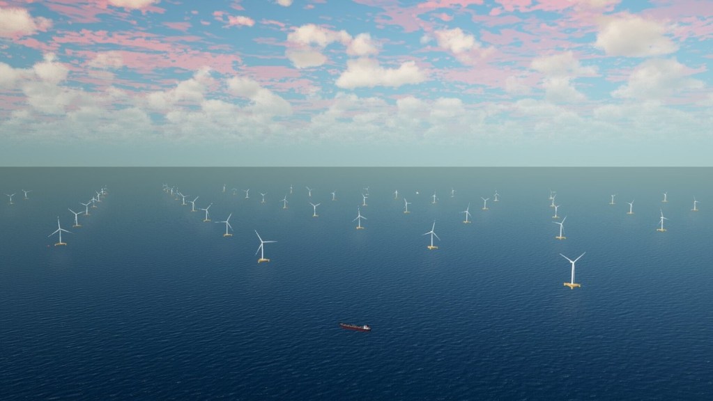 Computer-generated view across open sea of dozens of white floating wind turbines on yellow platforms stretching to the horizon, with a small red vessel in the foreground