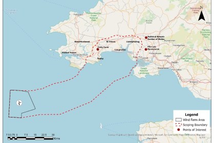 Map of south-west Wales showing the Gwynt Glas wind farm area in the Celtic Sea and a red dashed scoping boundary running north-east to the Carmarthen Bay coast, from Tenby and Folly Farm to Burry Port and Llandyfaelog