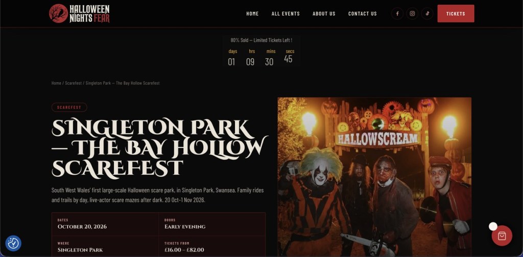 Screenshot of the Halloween Nights Fear website listing for Singleton Park, The Bay Hollow Scarefest, with an 80% Sold banner, a countdown clock and a photo of costumed actors under a Hallowscream sign