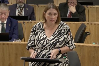 Heledd Fychan, in a black and white patterned dress, speaking at a lectern in the Senedd chamber with members seated behind her