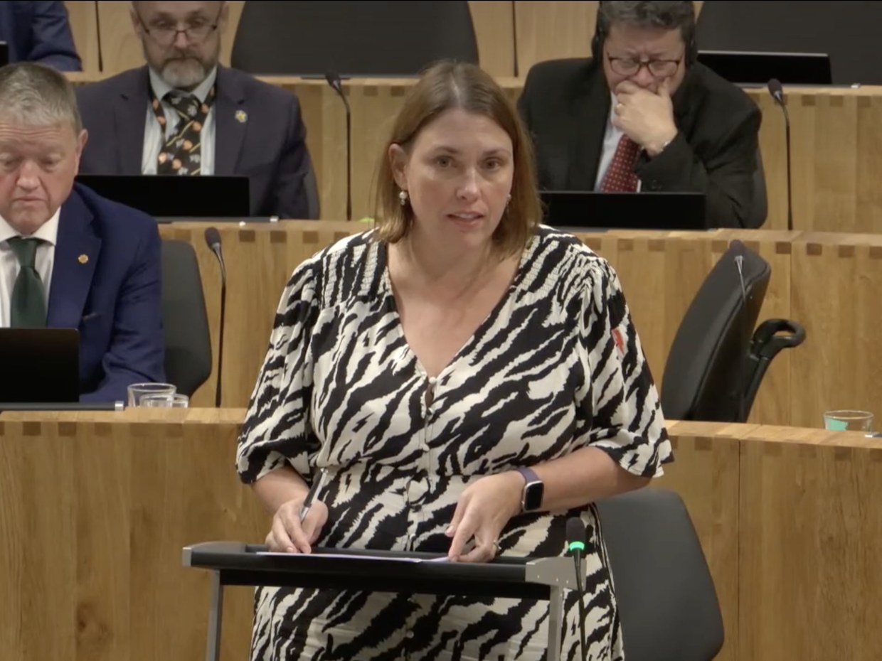 Heledd Fychan, in a black and white patterned dress, speaking at a lectern in the Senedd chamber with members seated behind her