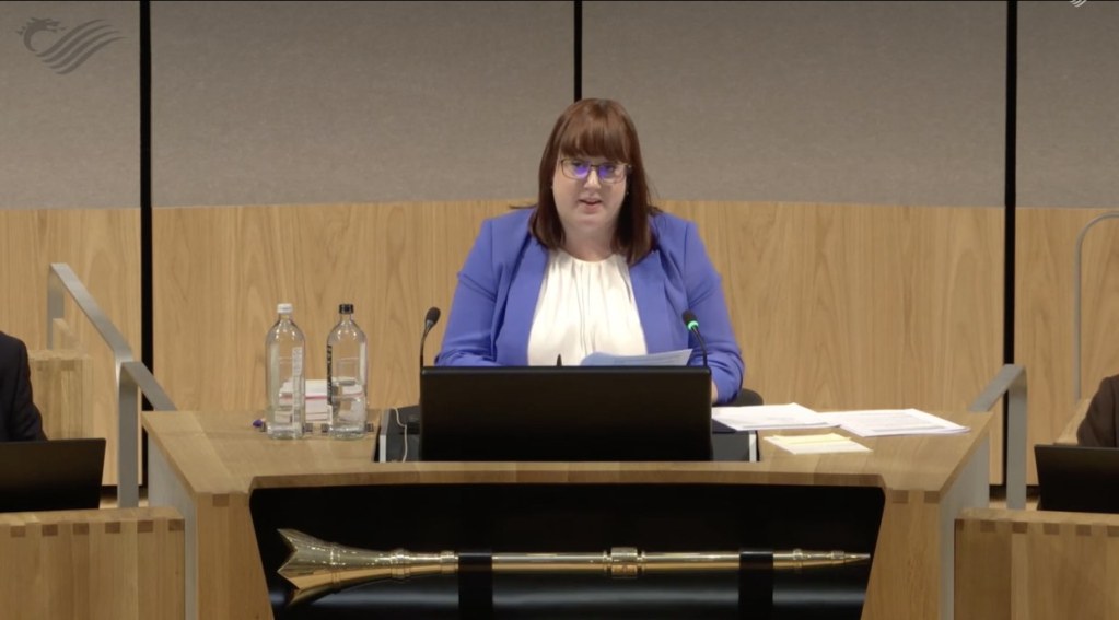 Kerry Ferguson, in a blue jacket and glasses, in the Presiding Officer’s chair in the Senedd with the mace in front of her