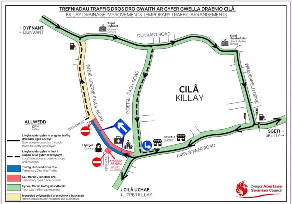 Swansea Council map of the temporary traffic arrangements for the Killay drainage works, showing one-way sections on Goetre Fawr Road and Goetre Fach Road, a closure at Ridgeway and diversions via Dunvant Road and Wimmerfield Drive