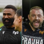 Marika Koroibete smiling in Ospreys training, and Sam Parry celebrating in an Ospreys shirt