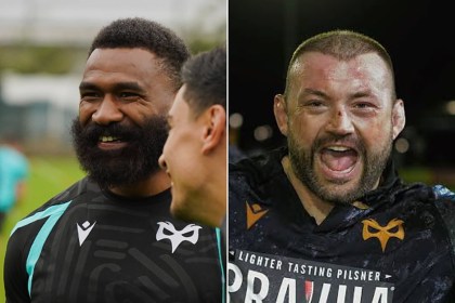 Marika Koroibete smiling in Ospreys training, and Sam Parry celebrating in an Ospreys shirt