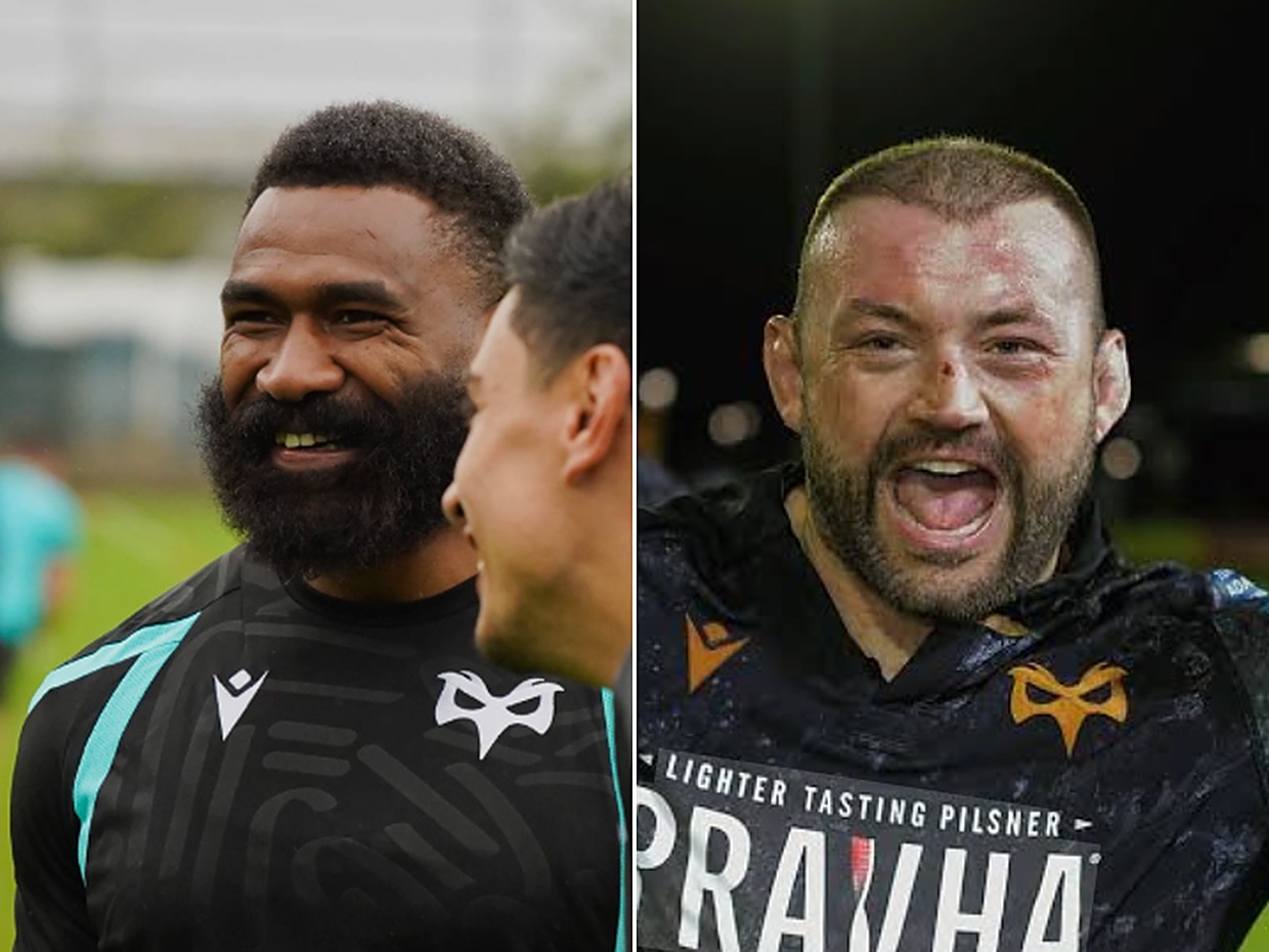 Marika Koroibete smiling in Ospreys training, and Sam Parry celebrating in an Ospreys shirt