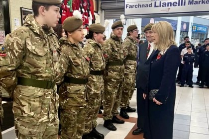 Lord-Lieutenant of Dyfed Sara Edwards with Army, Sea and Air cadets at the launch of Llanelli's Poppy Appeal