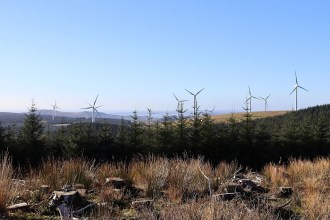 Wind turbines on the skyline above clear-felled forestry and young conifers on the South Wales Valleys uplands