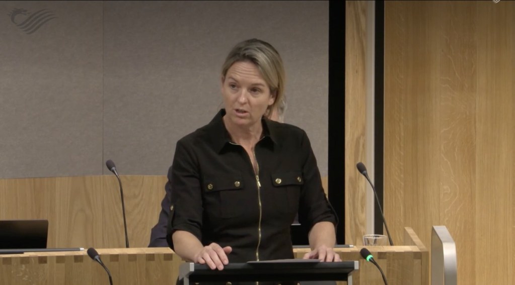 Louise Emery speaking at a lectern in the Senedd chamber, in a black shirt with gold buttons