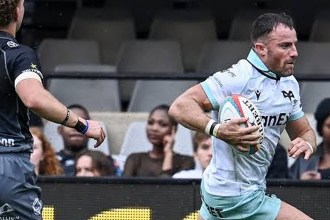 Ospreys wing Luke Morgan runs with the ball in the Ospreys' light change kit