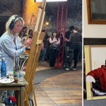 Two photos side by side: a young woman in headphones and a pale blue shirt painting at an easel on a TV set as an audience watches, and the same woman standing in a studio beside a painting of a man in a red hoodie against a Marlboro cigarette packet design