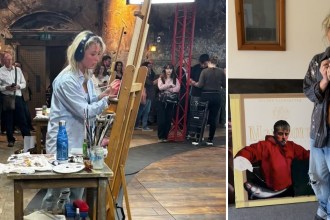 Two photos side by side: a young woman in headphones and a pale blue shirt painting at an easel on a TV set as an audience watches, and the same woman standing in a studio beside a painting of a man in a red hoodie against a Marlboro cigarette packet design