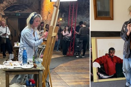 Two photos side by side: a young woman in headphones and a pale blue shirt painting at an easel on a TV set as an audience watches, and the same woman standing in a studio beside a painting of a man in a red hoodie against a Marlboro cigarette packet design