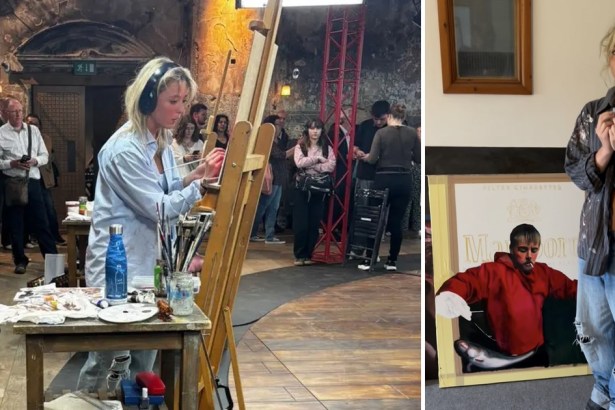 Two photos side by side: a young woman in headphones and a pale blue shirt painting at an easel on a TV set as an audience watches, and the same woman standing in a studio beside a painting of a man in a red hoodie against a Marlboro cigarette packet design