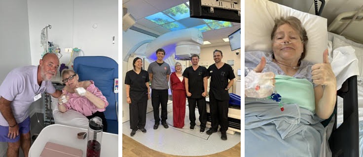 Three photos: Maria Bailey on the chemotherapy ward with volunteer Rhisiard Jenkins, with the radiotherapy team, and giving a thumbs up in a hospital bed