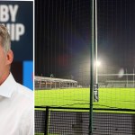 Martin Anayi in a white shirt in front of a United Rugby Championship backdrop, beside the floodlit pitch and posts at St Helen's at night