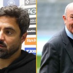 Split image: Swansea City head coach Vitor Matos in a black hoodie in front of a sponsor board, left, and former Stoke City and Crystal Palace manager Tony Pulis in a grey suit, right