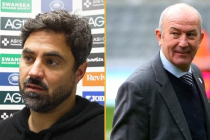 Split image: Swansea City head coach Vitor Matos in a black hoodie in front of a sponsor board, left, and former Stoke City and Crystal Palace manager Tony Pulis in a grey suit, right