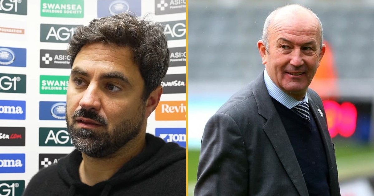 Split image: Swansea City head coach Vitor Matos in a black hoodie in front of a sponsor board, left, and former Stoke City and Crystal Palace manager Tony Pulis in a grey suit, right