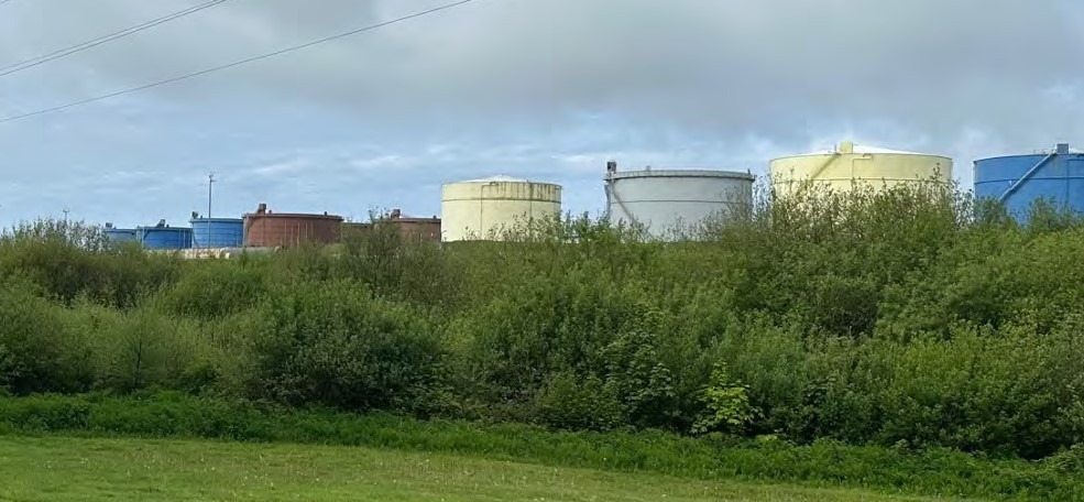 Large white, yellow, blue and rust-coloured fuel storage tanks rising above green scrub and a grass verge under a grey sky