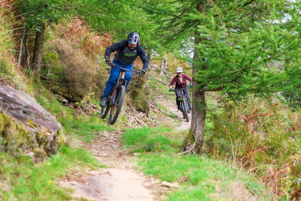 Two mountain bikers ride a rocky forest trail through the trees