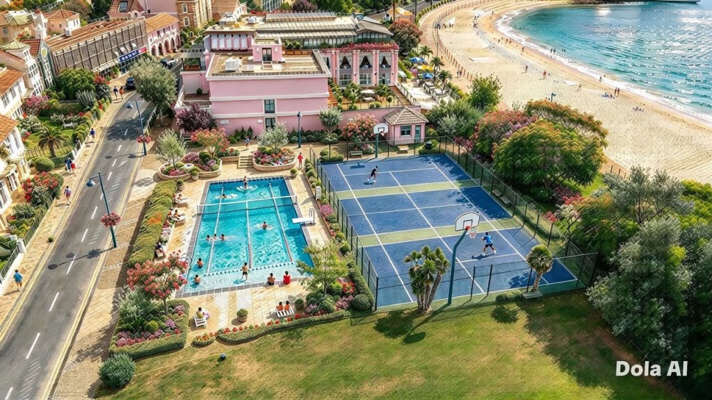 AI-generated aerial image of the Mumbles seafront site with an outdoor swimming pool and a fenced games court in place of the car park