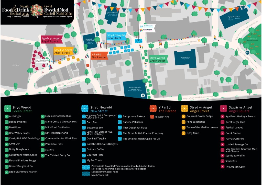 Illustrated map of Neath town centre showing festival stalls on Green Street, New Street, The Parade, Angel Street and Angel Square, with a list of traders for each